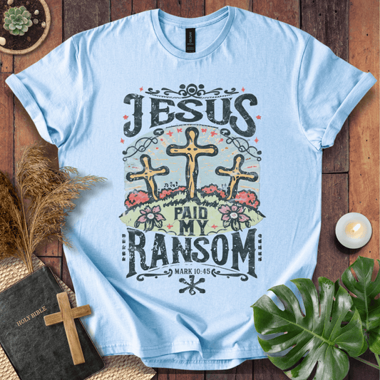 Easter Christian t shirts for women featuring three crosses and Mark 10:45 scripture with vintage floral details.