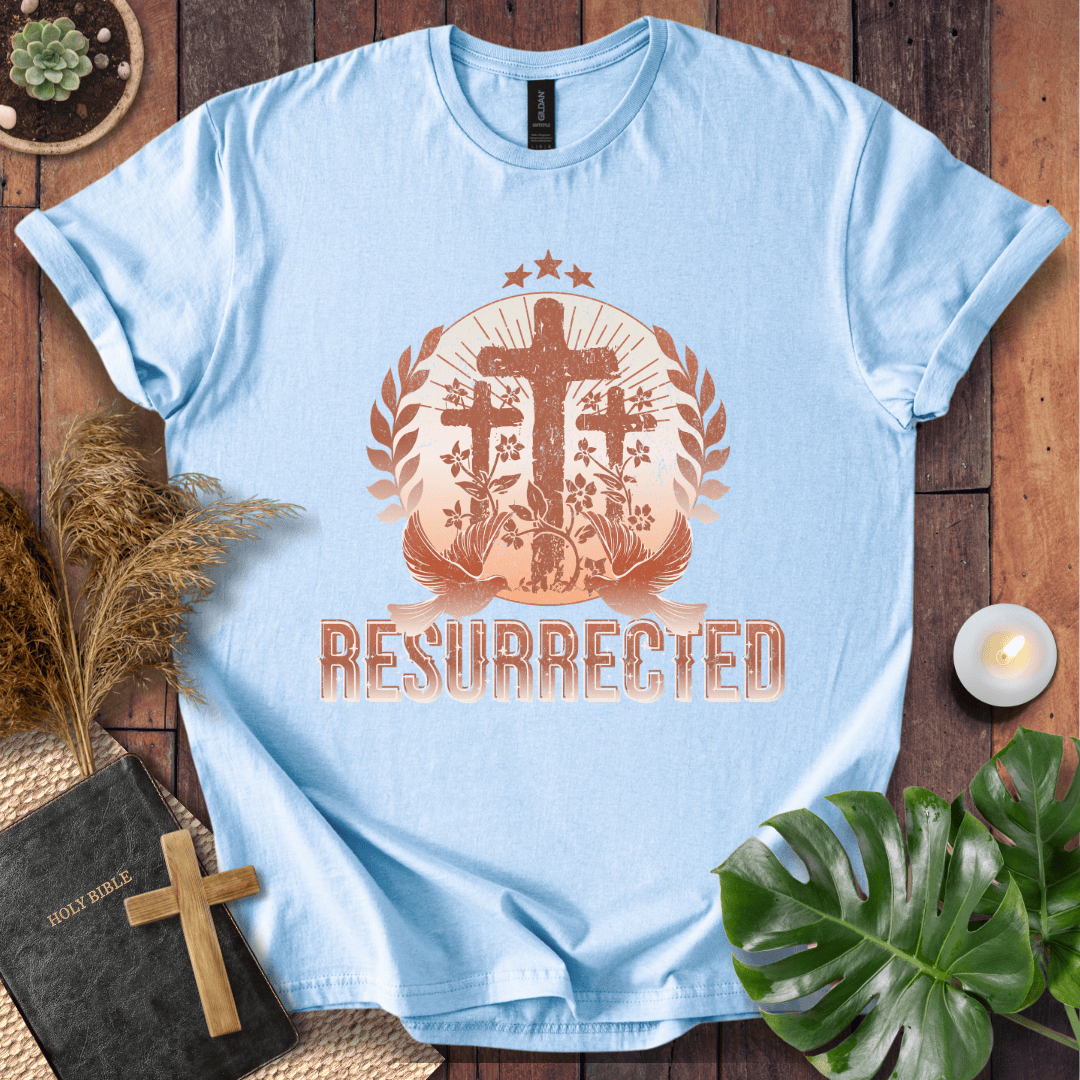 Easter t-shirt with three crosses and Resurrected text, Christian t shirts for women in vintage rust colors.
