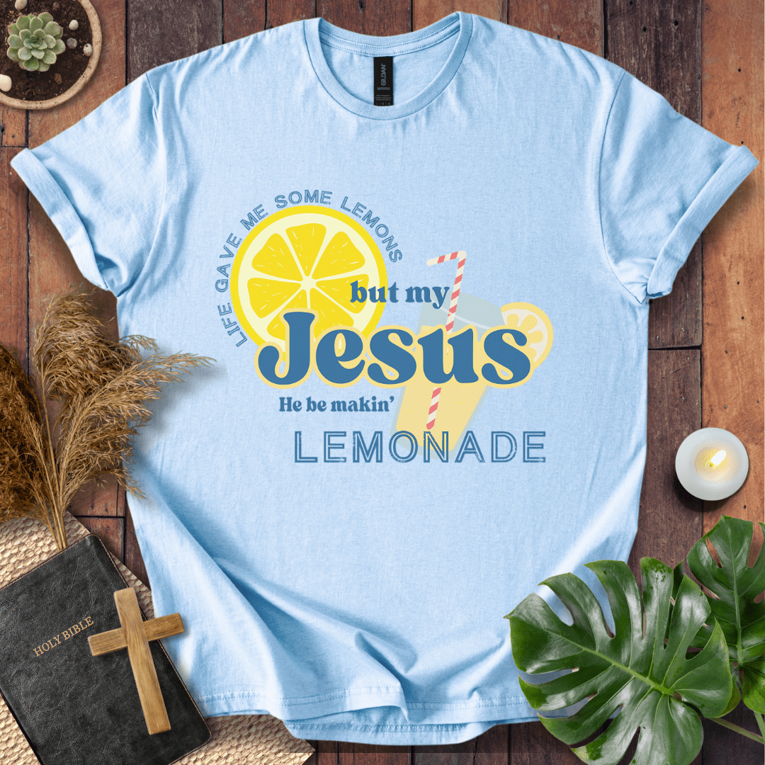 “Life gave me lemons but my Jesus makes lemonade” Christian t-shirt with bold lemon and straw graphic; playful faith tee.