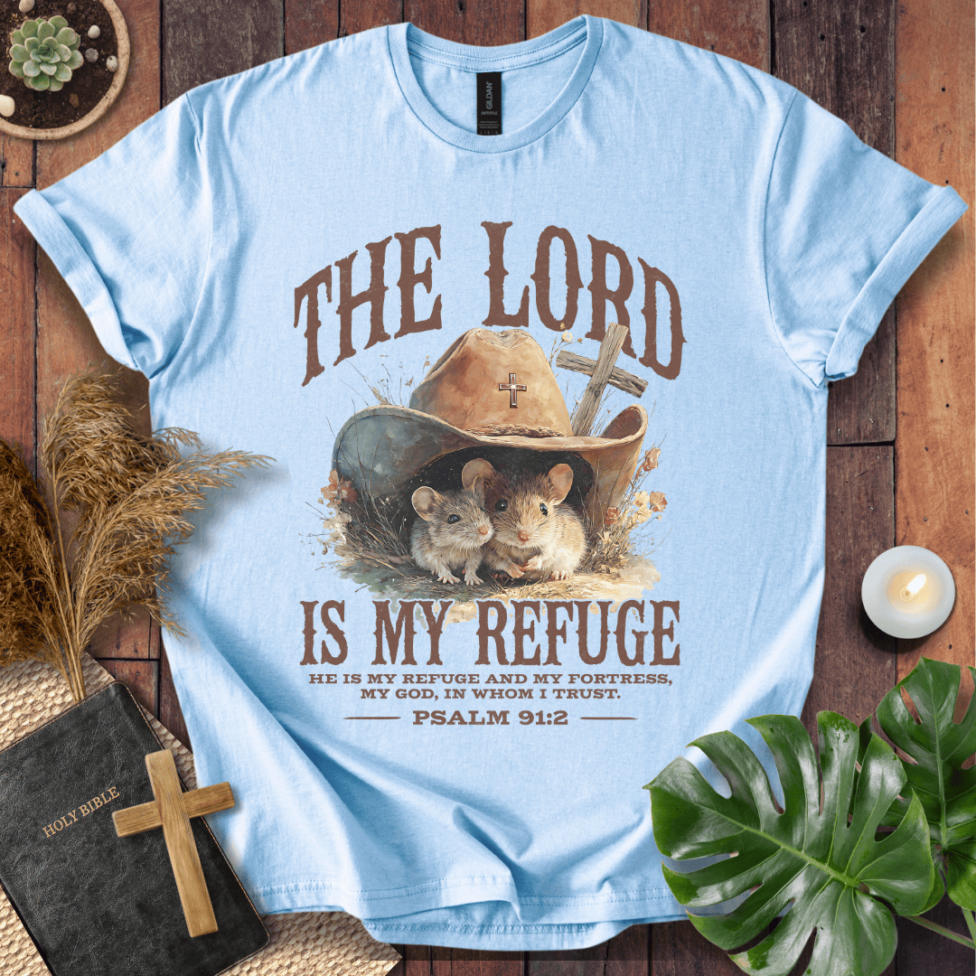 Two mice under a cowboy hat with a cross on a t-shirt. Psalm 91:2 text. Rustic Western Christian shirts for women.