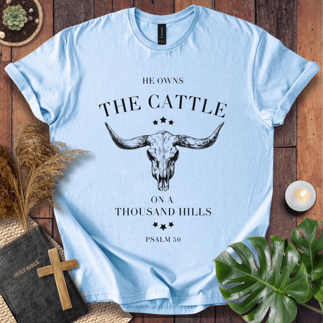 Minimalist cow skull graphic tee with Psalm 50 bible verse on shirt for women with western ranch style.