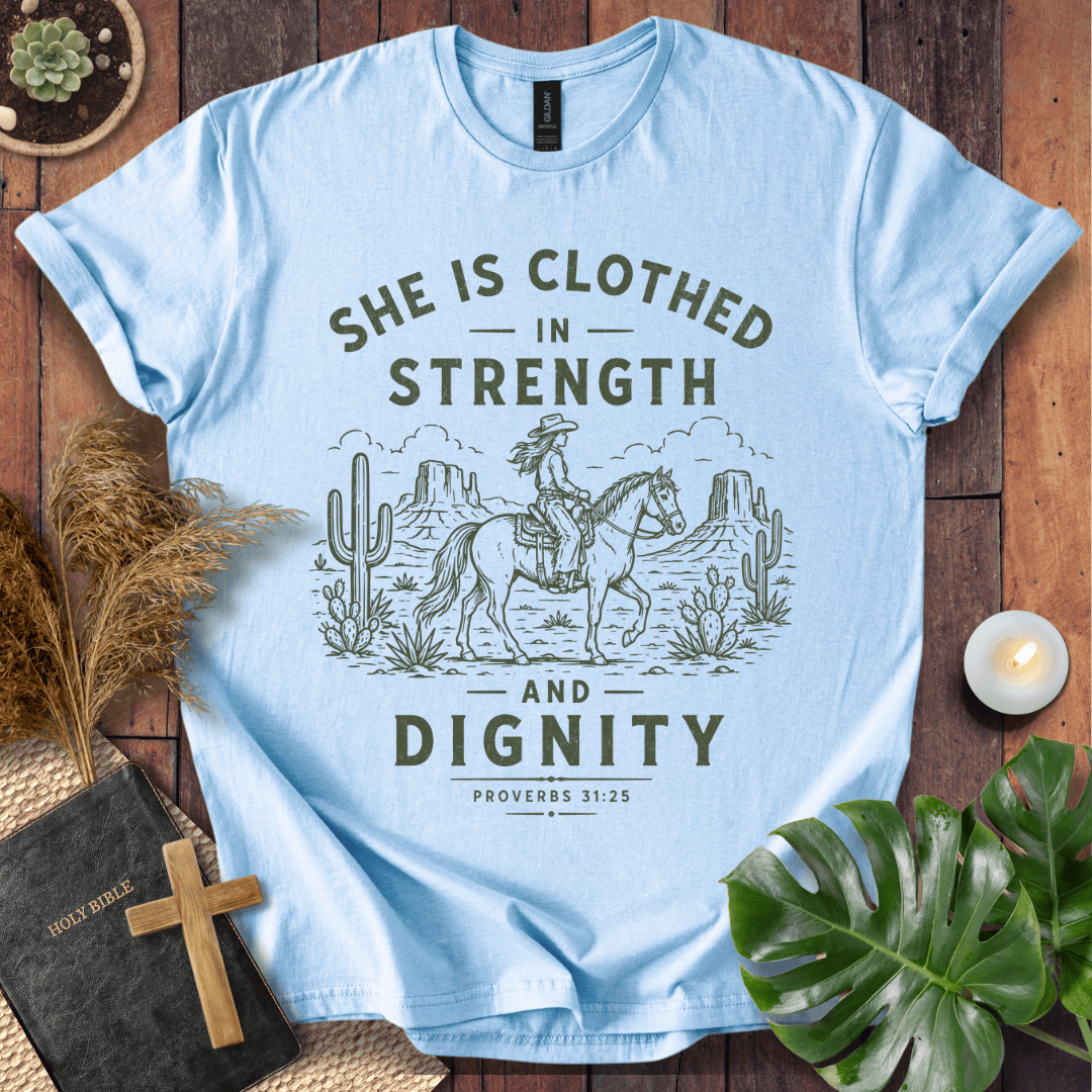 Proverbs 31 bible verse tees featuring a vintage sage green design of a cowgirl riding a horse in a desert landscape.