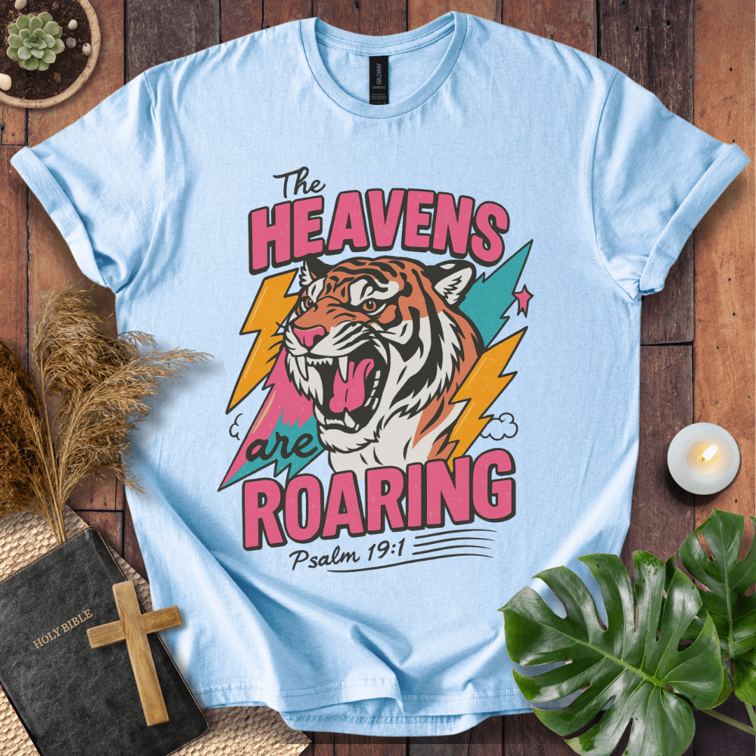 The Heavens Are Roaring Psalm 19:1 retro tiger and lightning Christian t-shirt; bold worship shirt.