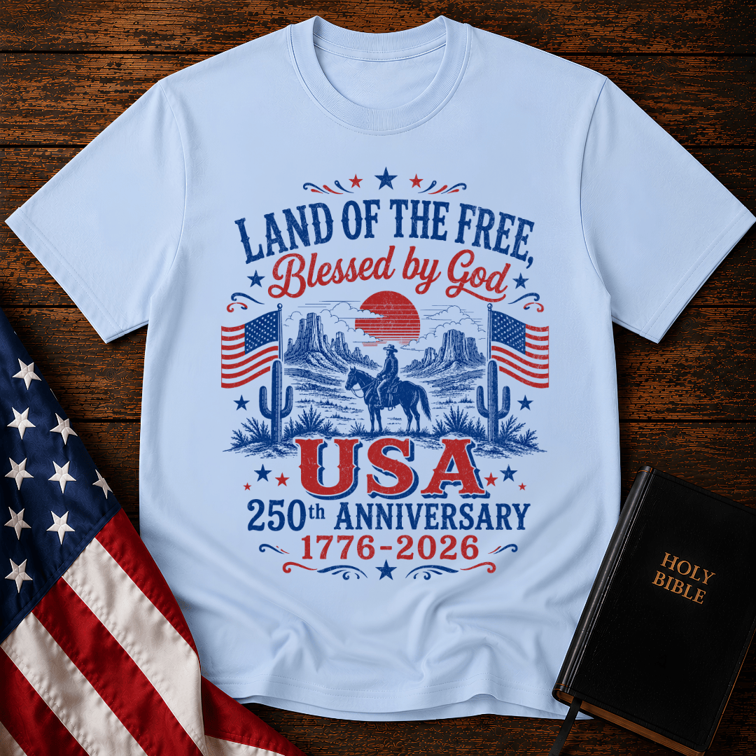 Vintage USA 250th anniversary Christian t shirt featuring a cowboy on a horse in a desert landscape with American flags.