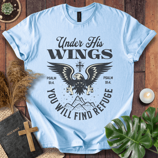 t-shirt with a vintage eagle, mountains, and Psalm 91:4 scripture text "Under His Wings You Will Find Refuge."