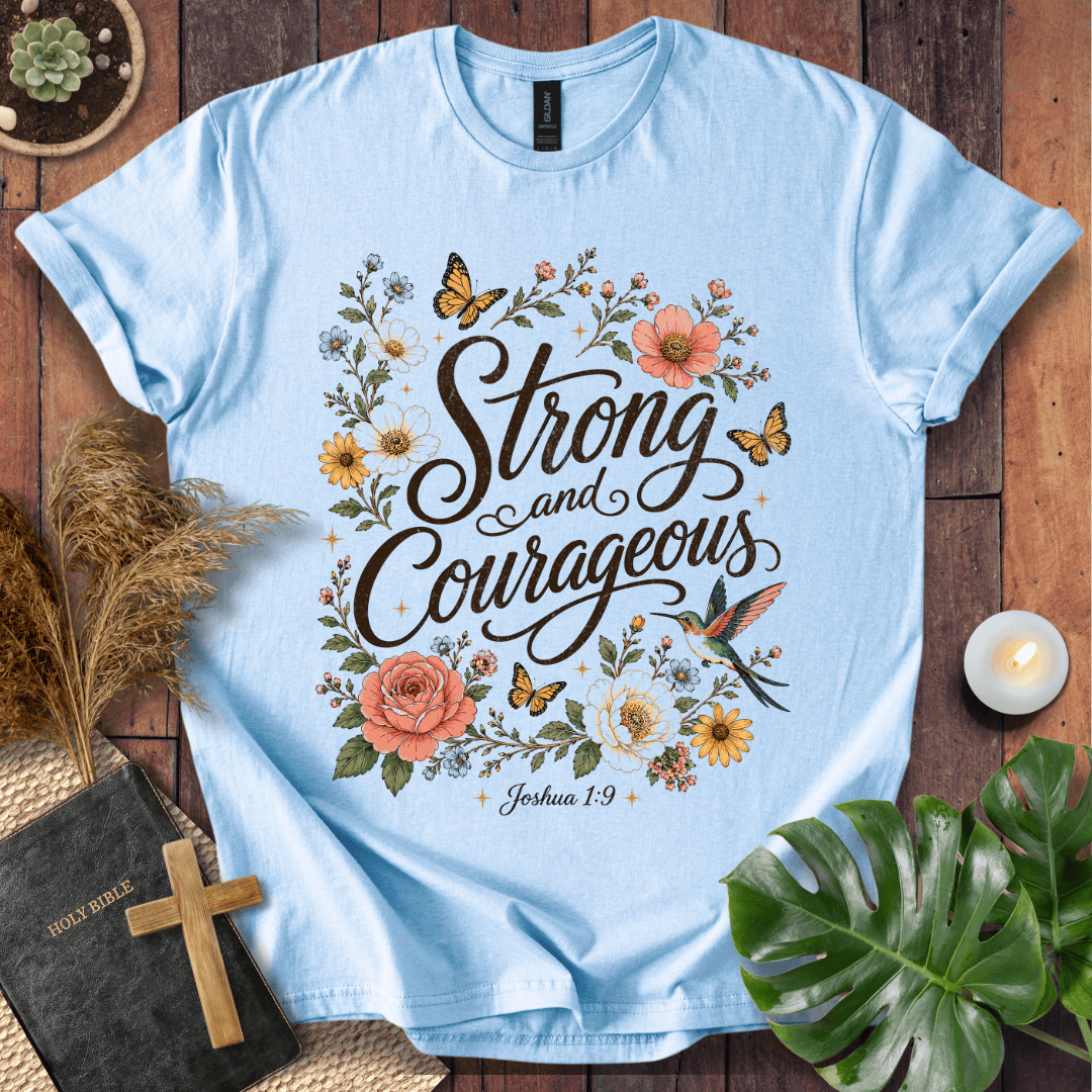 Joshua 1:9 Strong and Courageous vintage wildflower graphic tee with butterflies on