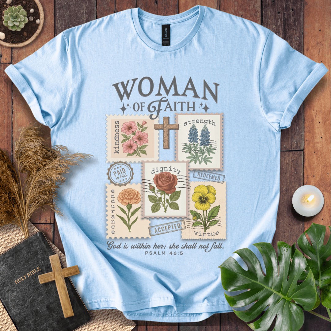 “Woman of Faith Christian t-shirt with floral cross and Psalm 46:5 Bible verse”