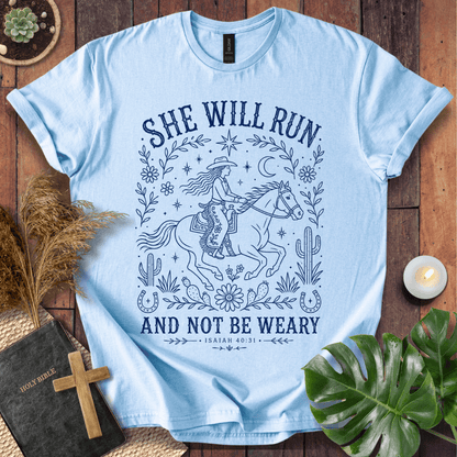 Isaiah 40:31 She Will Run scripture quote on a shirt featuring a navy line art cowgirl riding a horse.