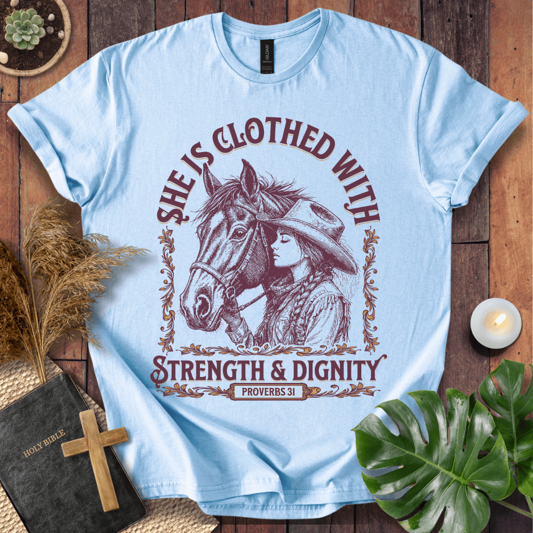 Cowgirl Christian shirt with Scripture design – Strength and Dignity tee