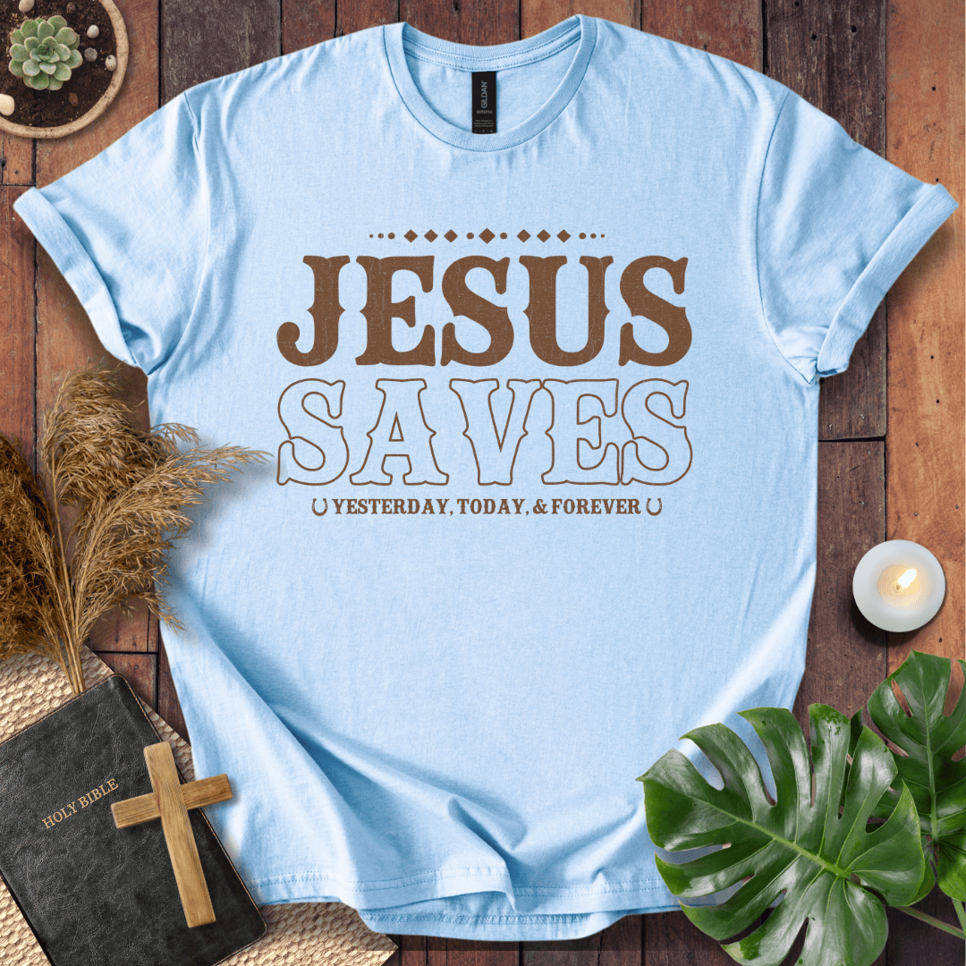 Christian t-shirt with brown vintage Western text reading Jesus Saves Yesterday Today and Forever with horseshoe icons.