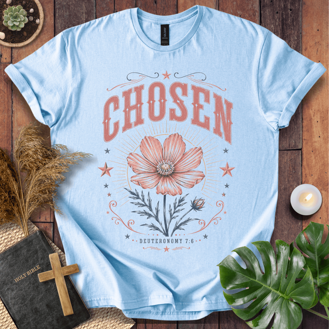 a sand-colored Christian t shirt for women featuring a vintage wildflower design and Deuteronomy 7:6.