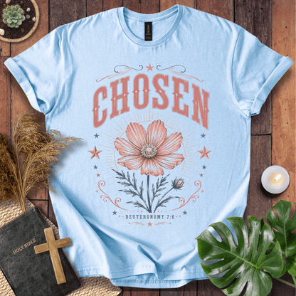 a sand-colored Christian t shirt for women featuring a vintage wildflower design and Deuteronomy 7:6.