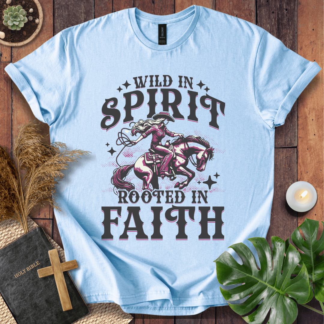 Wild in Spirit Rooted in Faith Christian t-shirt for women with cowgirl design