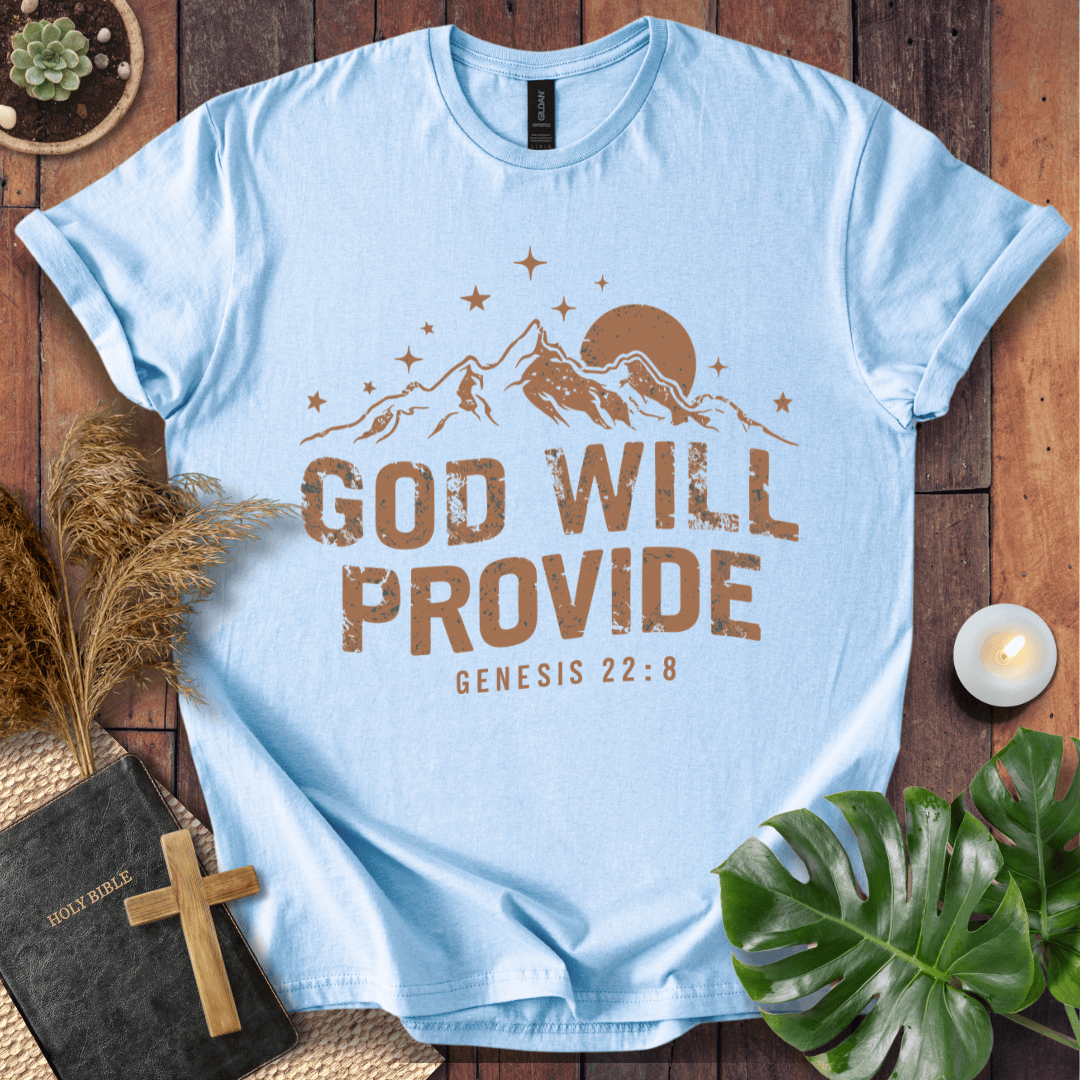 God Will Provide Genesis 22:8 bible verse shirts with mountains and stars on a western graphic tee.