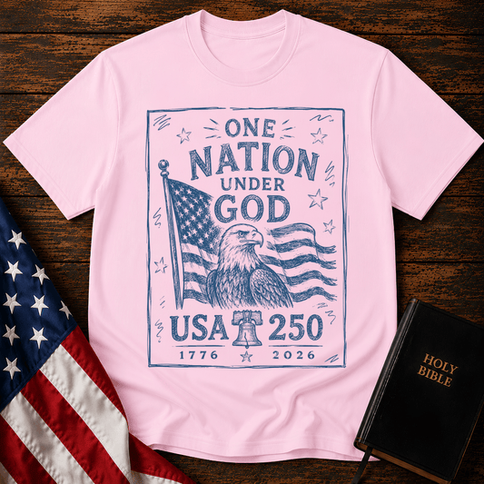 USA 250 Christian t shirt featuring a blue sketch design of a bald eagle, American flag, and Liberty Bell.