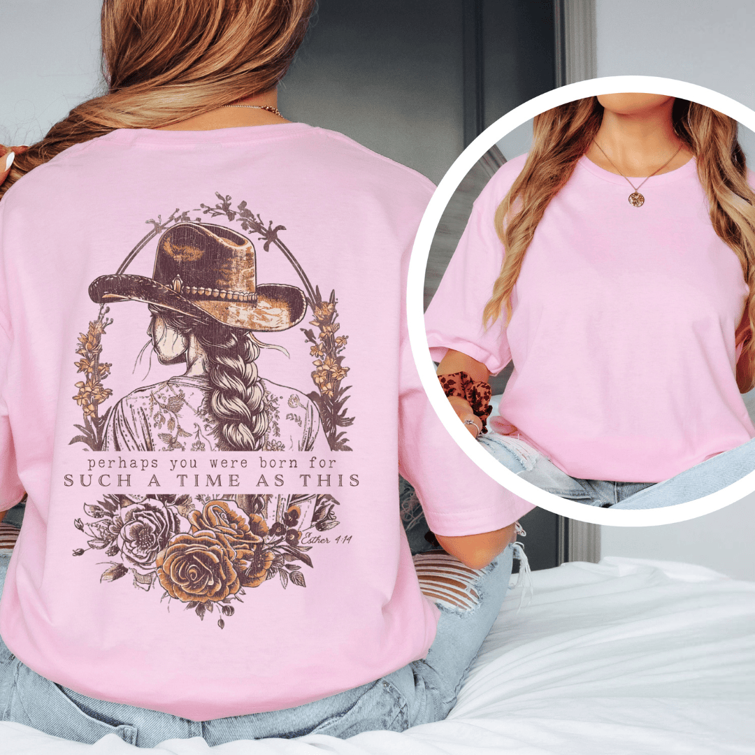 Christian t-shirt featuring a Western girl with a braid and cowboy hat surrounded by roses and Esther 4:14 text.