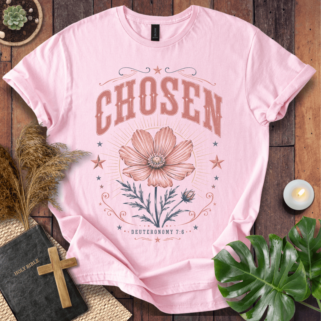 a sand-colored Christian t shirt for women featuring a vintage wildflower design and Deuteronomy 7:6.