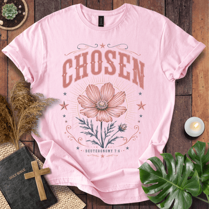 a sand-colored Christian t shirt for women featuring a vintage wildflower design and Deuteronomy 7:6.