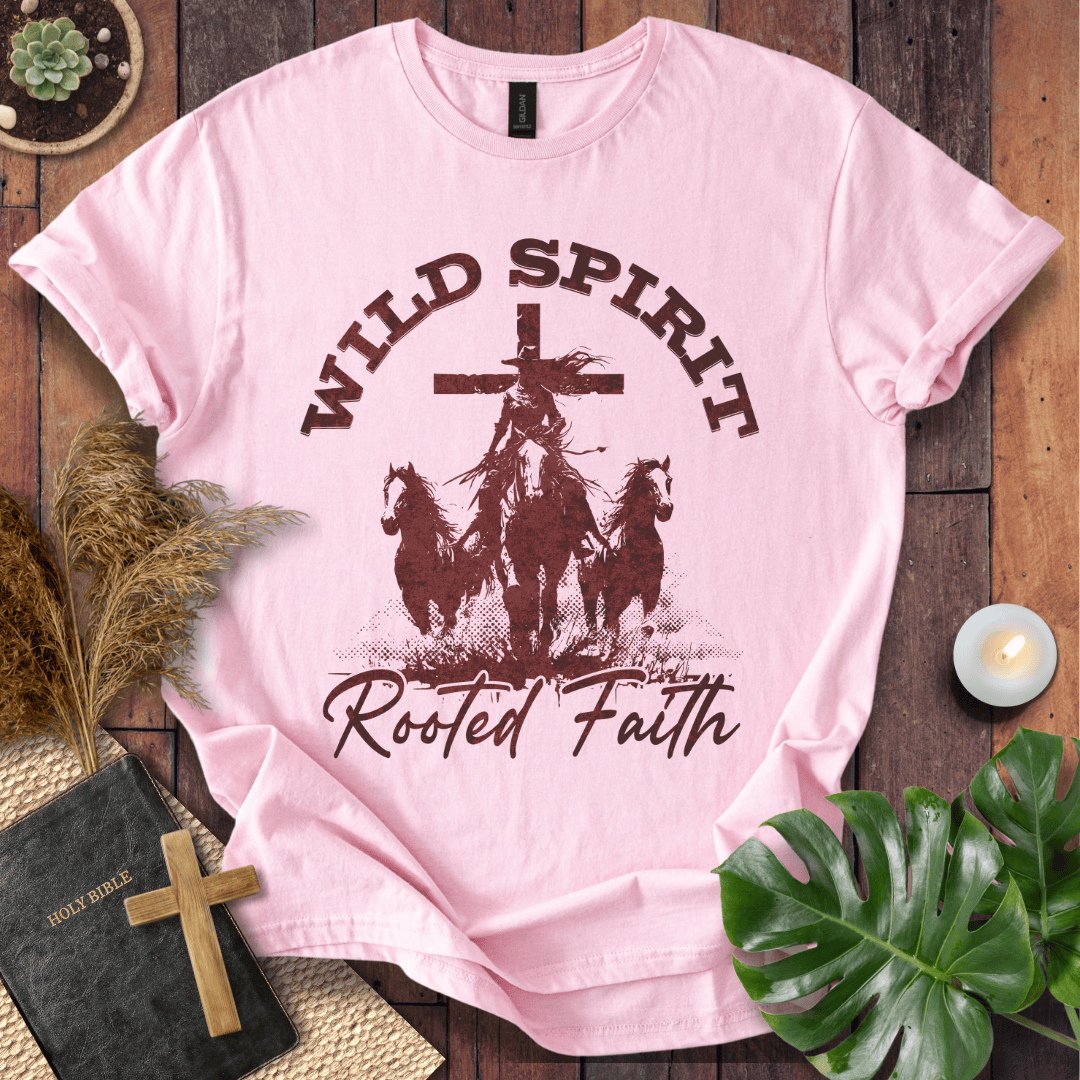 Cowgirl riding a horse in front of a cross with horses running, "Wild Spirit Rooted Faith" text on a tshirt.
