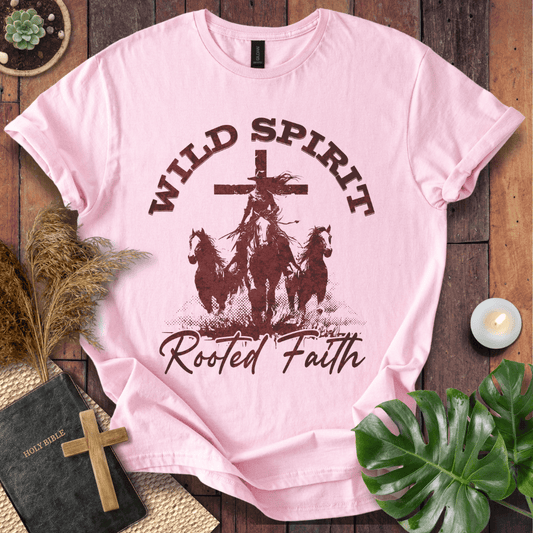 Cowgirl riding a horse in front of a cross with horses running, "Wild Spirit Rooted Faith" text on a tshirt.