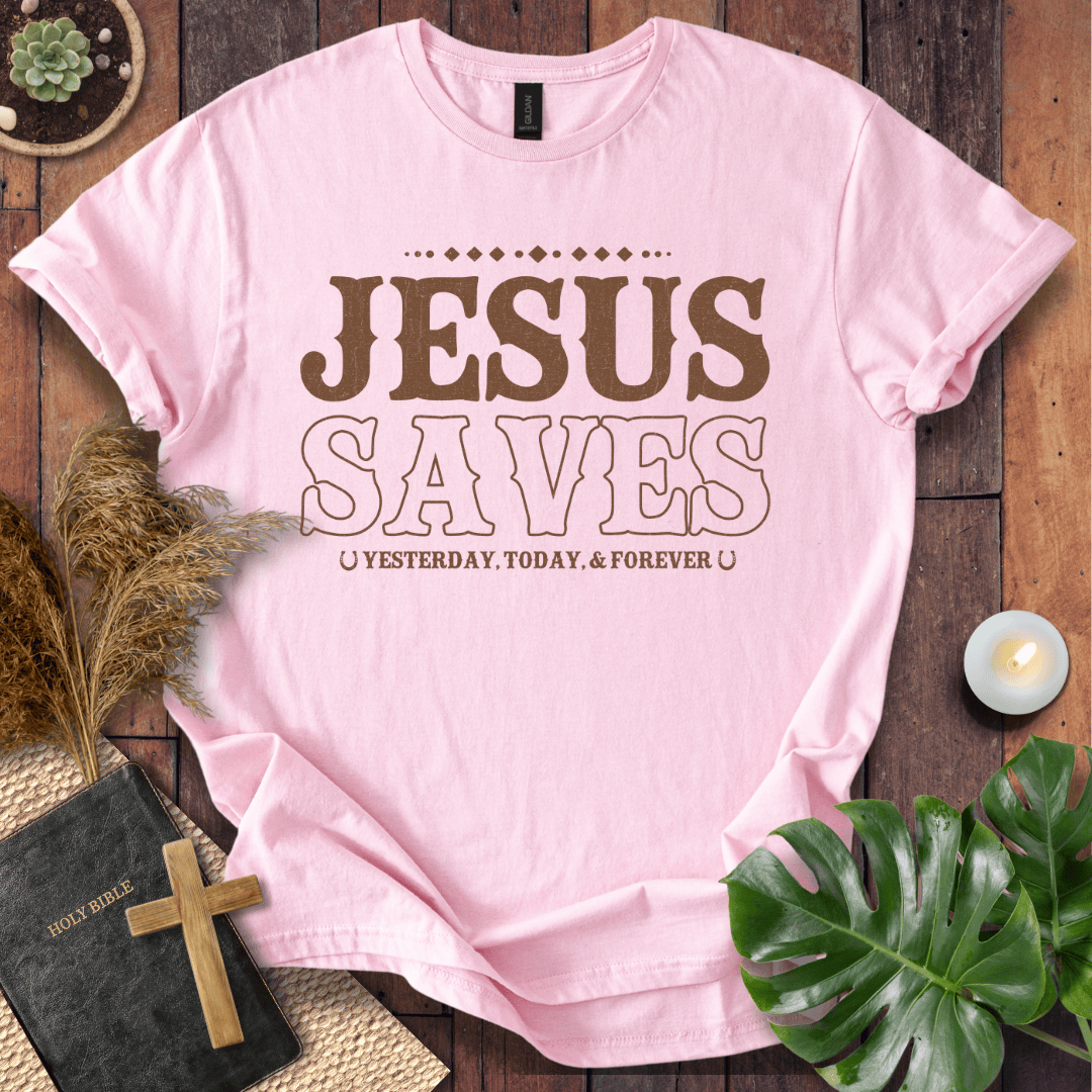 Christian t-shirt with brown vintage Western text reading Jesus Saves Yesterday Today and Forever with horseshoe icons.
