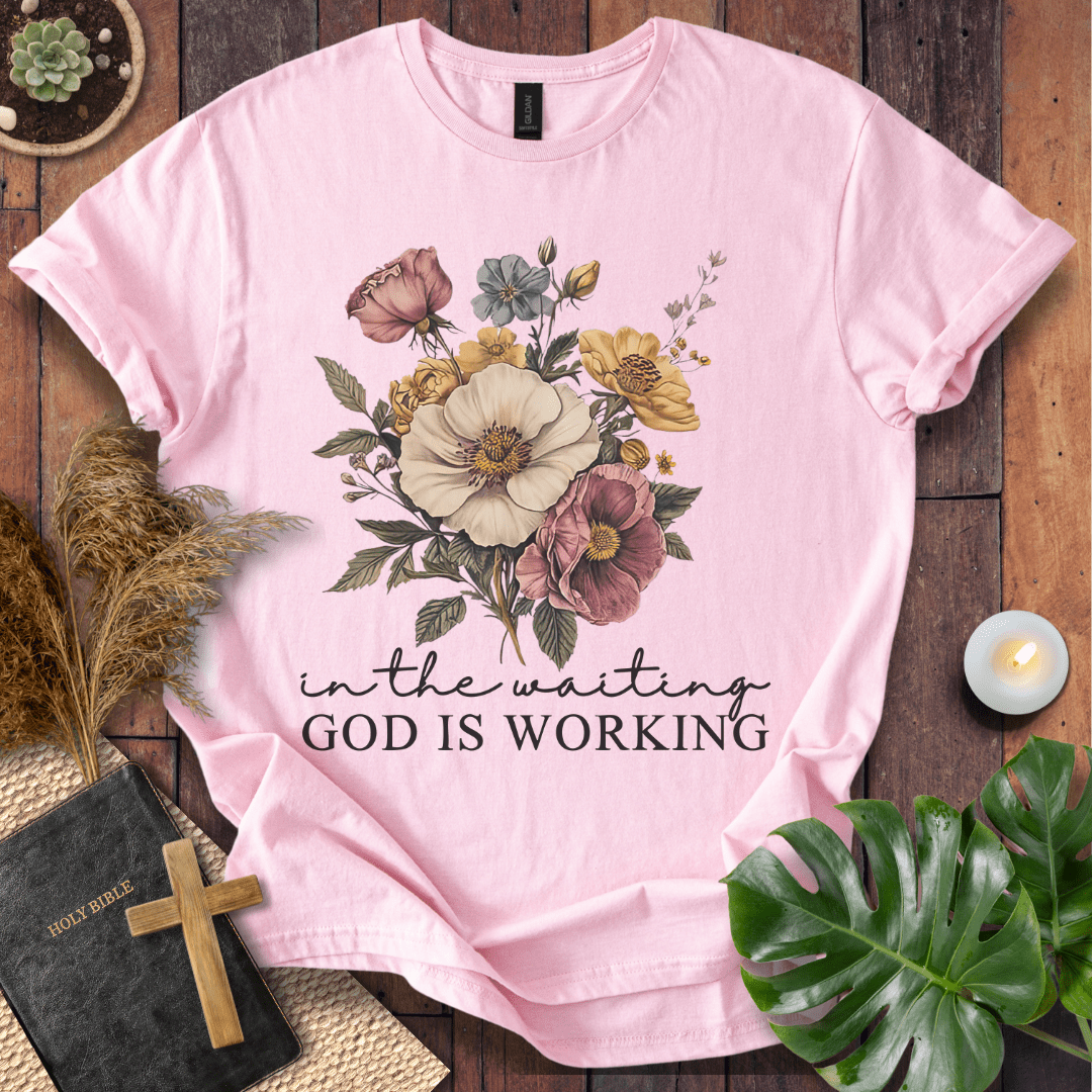 “In the Waiting God Is Working” Christian t-shirt with vintage floral bouquet and script; modern faith tee.