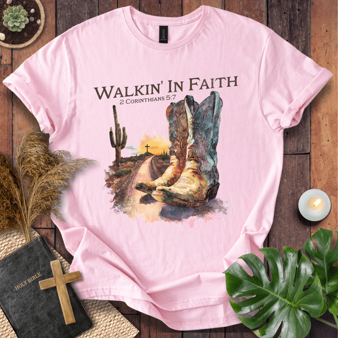 Christian t shirt with watercolor cowboy boots, a desert path, saguaro cactus, and 2 Corinthians 5:7 scripture.