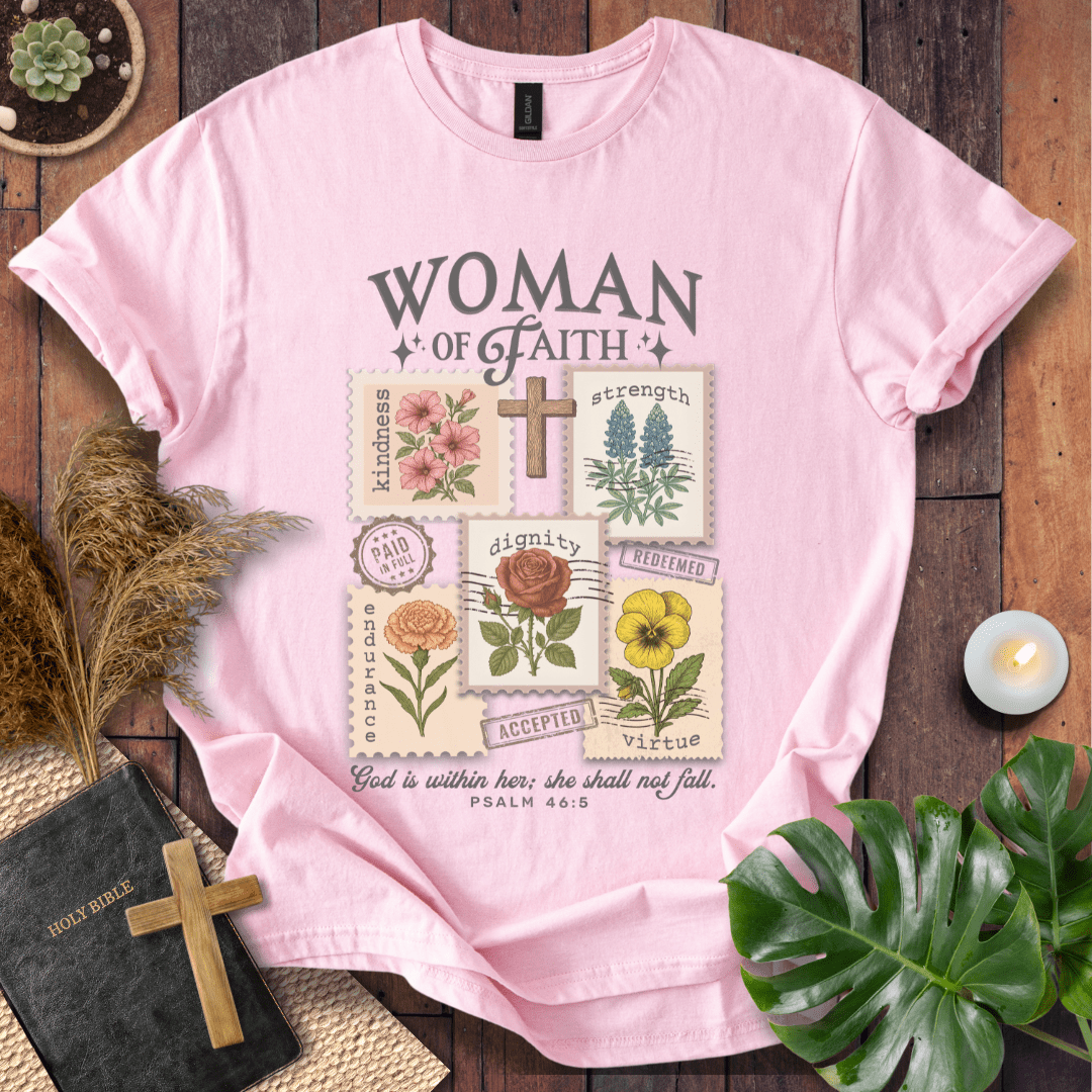 “Woman of Faith Christian t-shirt with floral cross and Psalm 46:5 Bible verse”