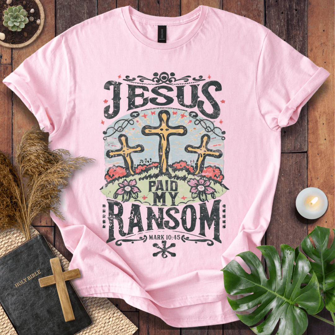 Easter Christian t shirts for women featuring three crosses and Mark 10:45 scripture with vintage floral details.
