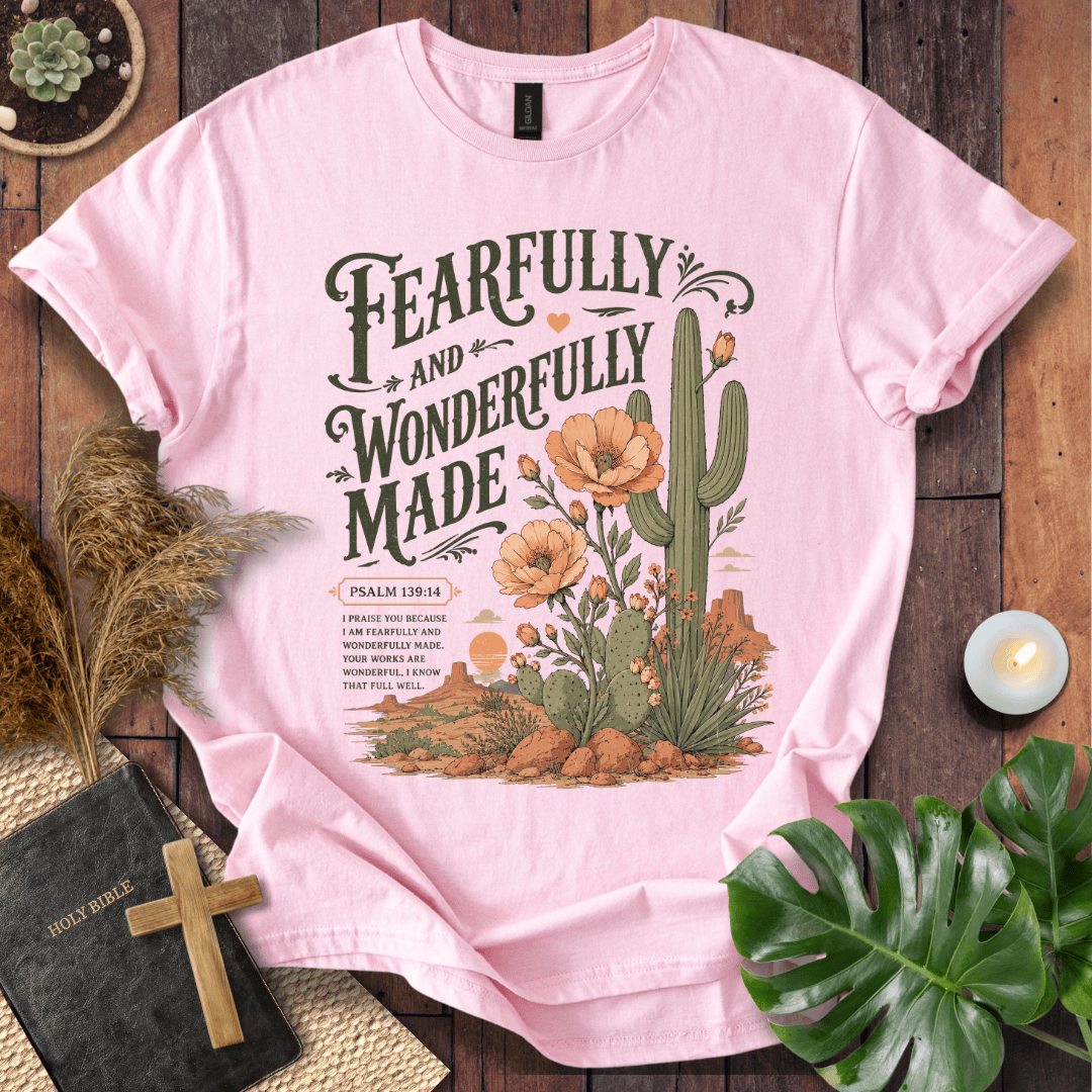 t-shirt featuring a saguaro cactus, desert flowers, and the text Fearfully and Wonderfully Made Psalm 139:14.