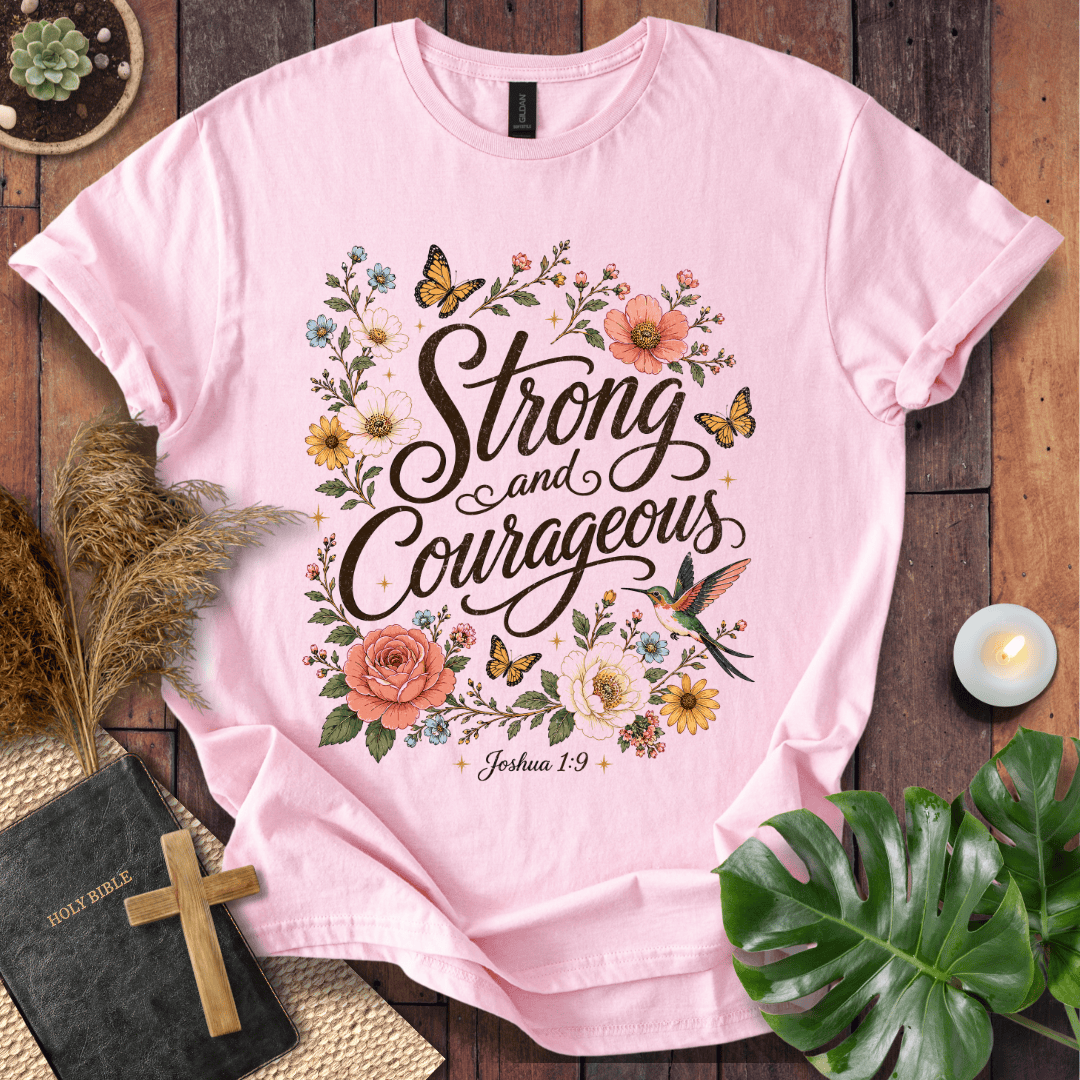 Joshua 1:9 Strong and Courageous vintage wildflower graphic tee with butterflies on