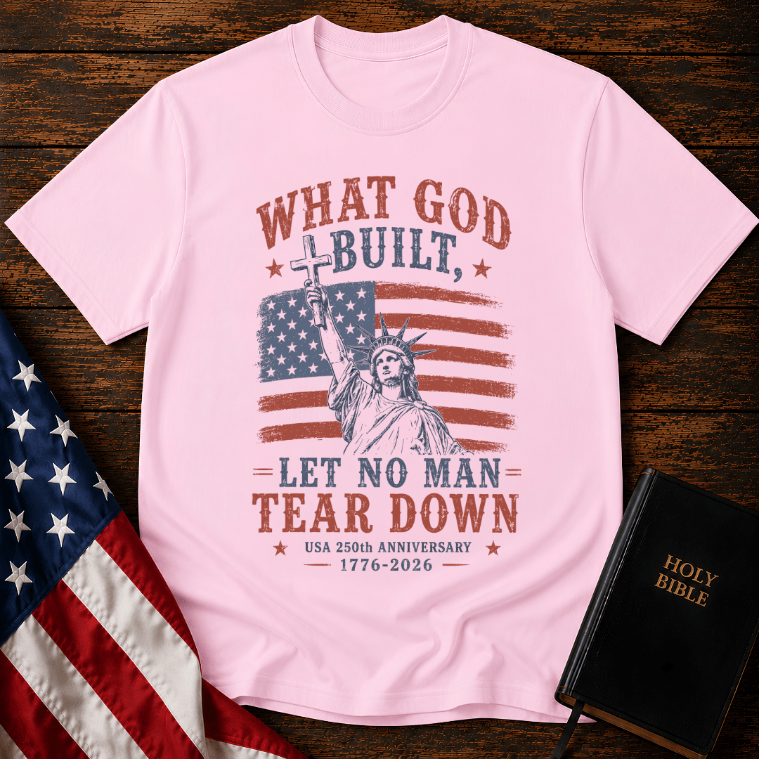 Patriotic Christian t shirt featuring the Statue of Liberty holding a cross over an American flag for the USA 250th anniversary.