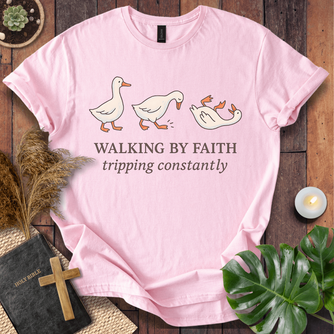 “Funny Christian t-shirt with duck graphic – Walking By Faith Tripping Constantly design”