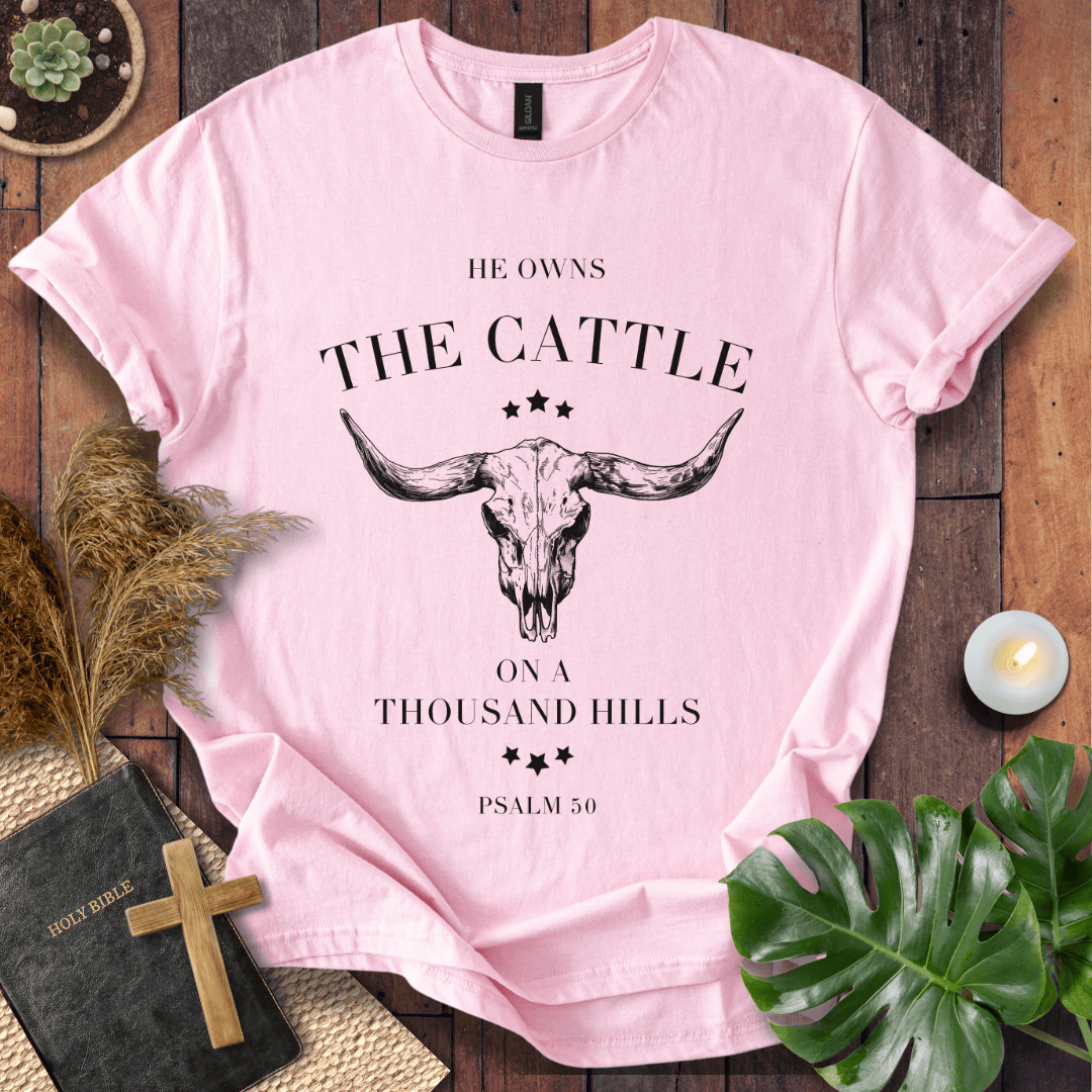 Minimalist cow skull graphic tee with Psalm 50 bible verse on shirt for women with western ranch style.