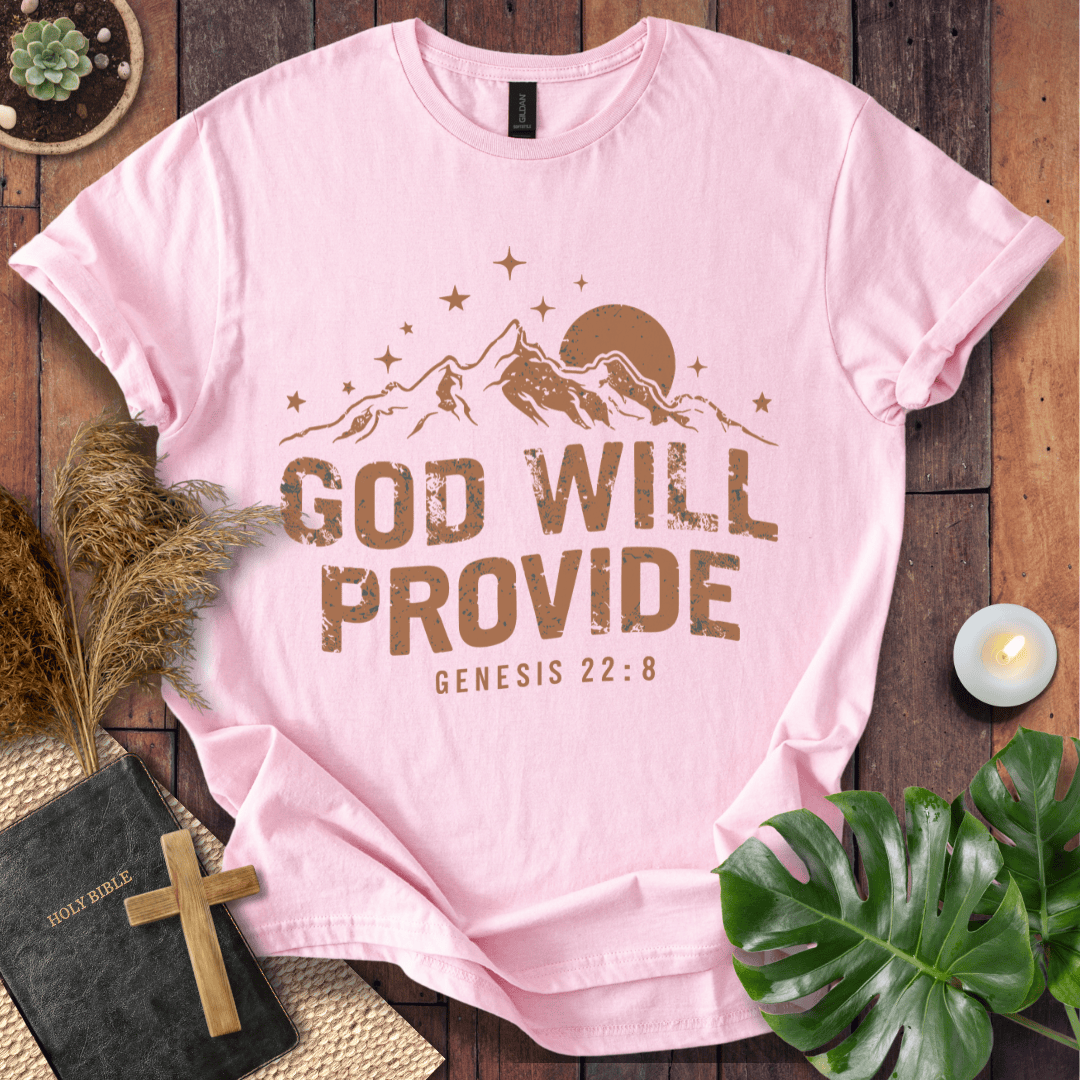 God Will Provide Genesis 22:8 bible verse shirts with mountains and stars on a western graphic tee.