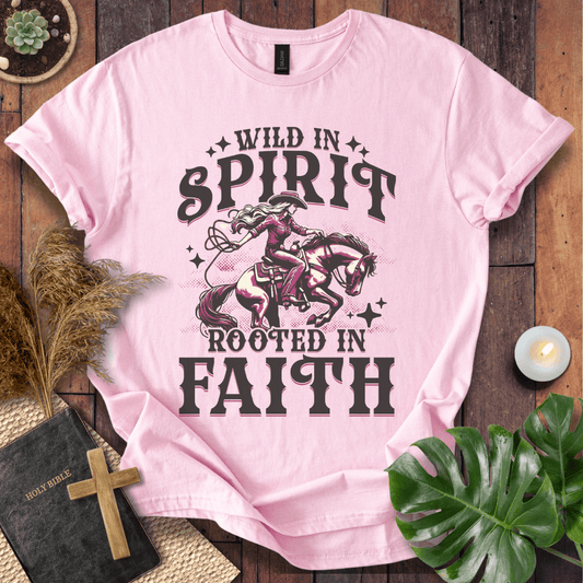 Wild in Spirit Rooted in Faith Christian t-shirt for women with cowgirl design