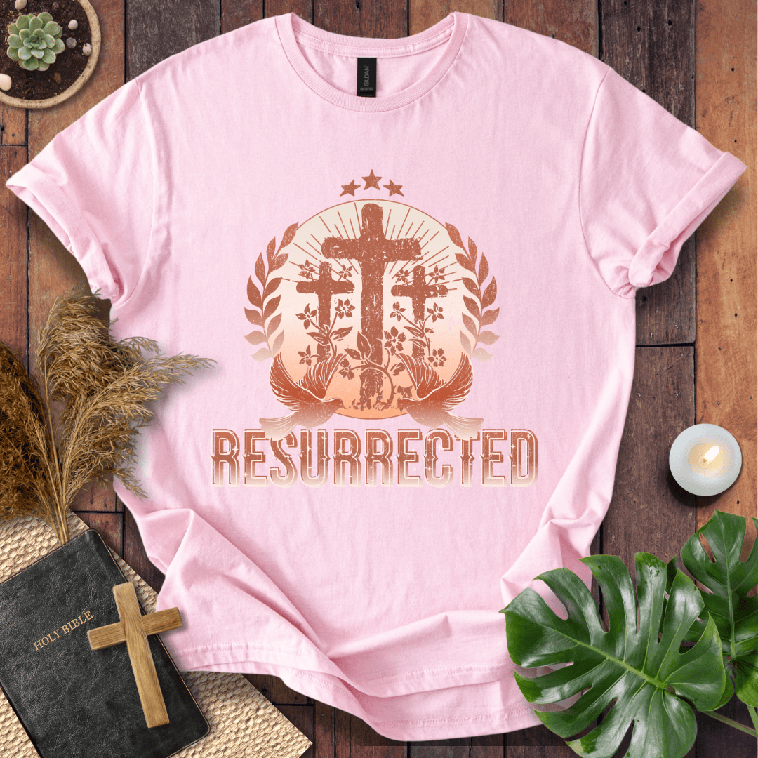 Easter t-shirt with three crosses and Resurrected text, Christian t shirts for women in vintage rust colors.