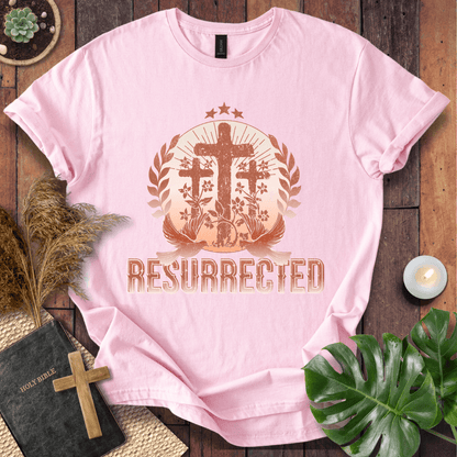 Easter t-shirt with three crosses and Resurrected text, Christian t shirts for women in vintage rust colors.