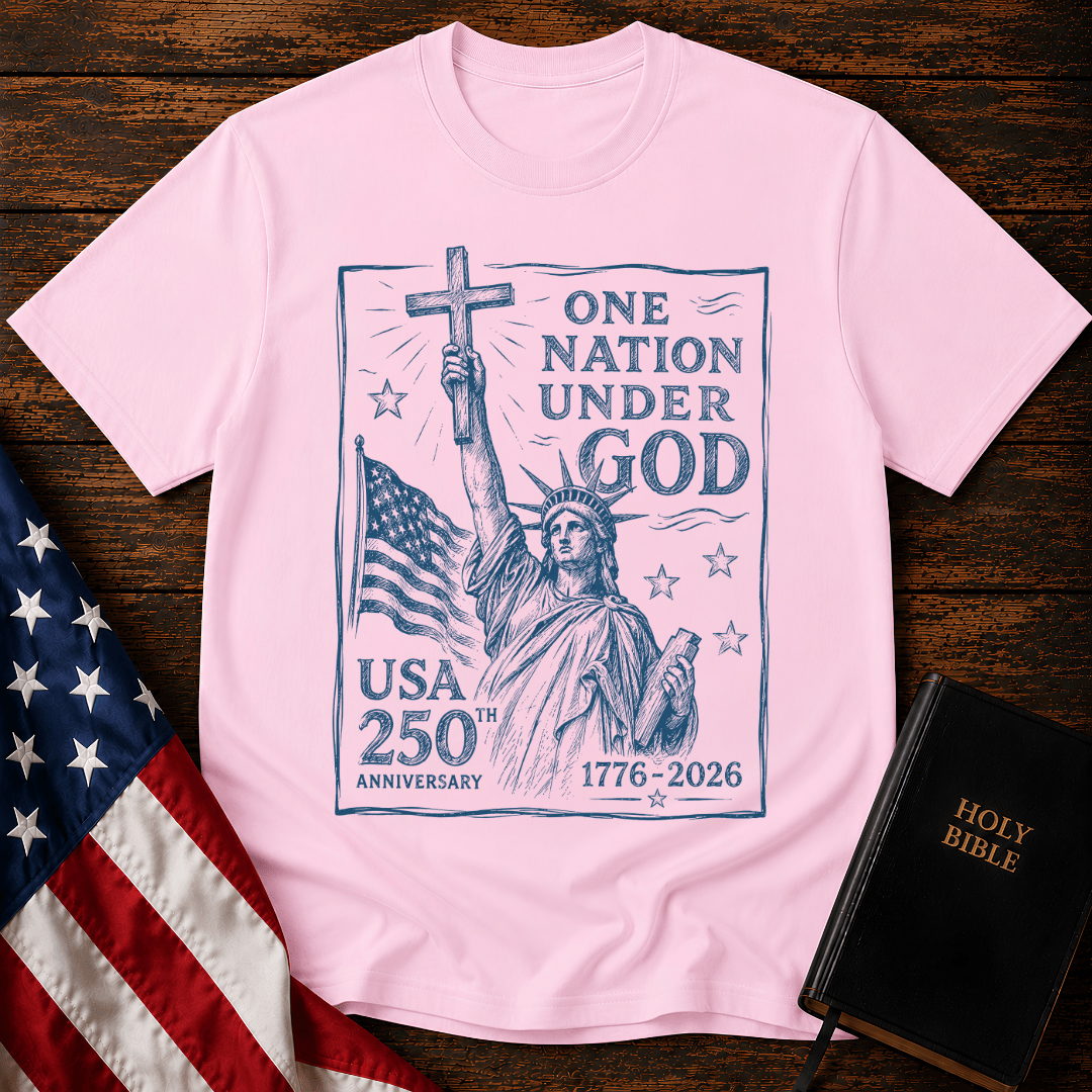 Statue of Liberty holding a cross on a patriotic Christian t shirt next to an American flag and Holy Bible.