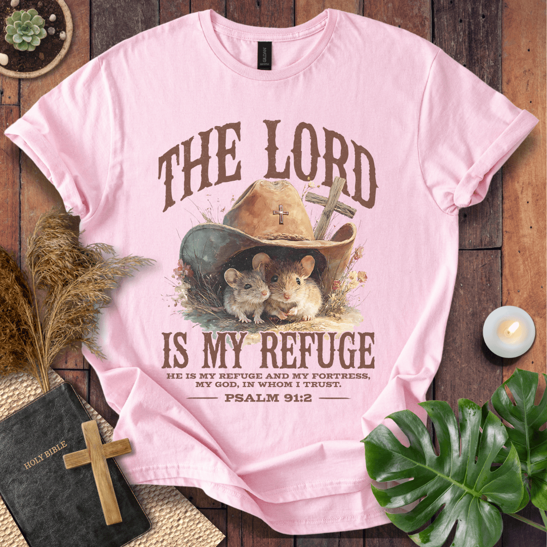 Two mice under a cowboy hat with a cross on a t-shirt. Psalm 91:2 text. Rustic Western Christian shirts for women.