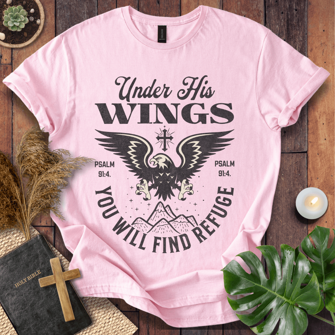 t-shirt with a vintage eagle, mountains, and Psalm 91:4 scripture text "Under His Wings You Will Find Refuge."