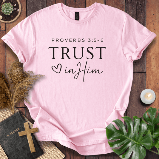 Minimalist Proverbs 3:5-6 Trust in Him shirt for women, a boho style bible verse t shirt on a wooden background.