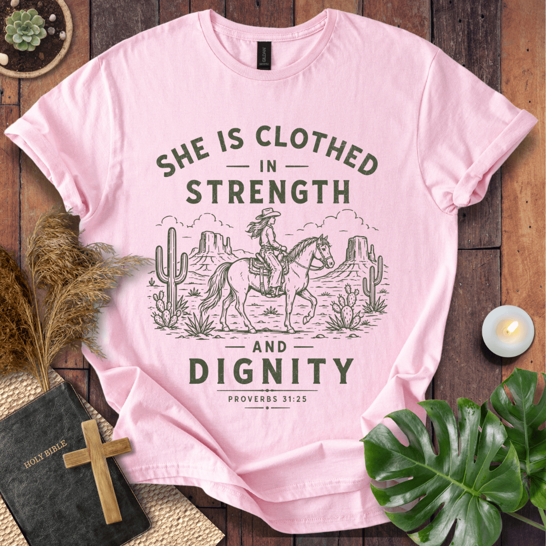 Proverbs 31 bible verse tees featuring a vintage sage green design of a cowgirl riding a horse in a desert landscape.