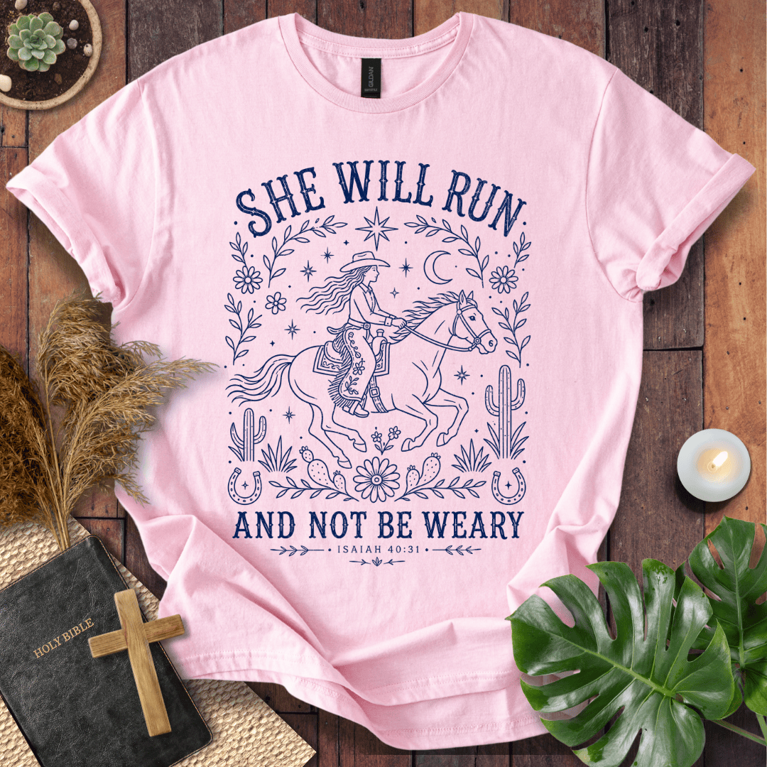 Isaiah 40:31 She Will Run scripture quote on a shirt featuring a navy line art cowgirl riding a horse.