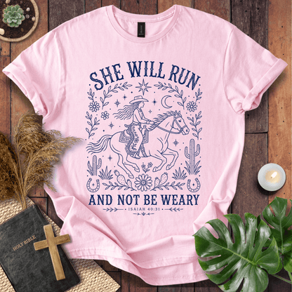 Isaiah 40:31 She Will Run scripture quote on a shirt featuring a navy line art cowgirl riding a horse.
