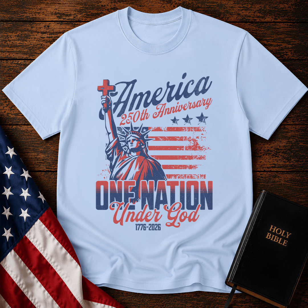 Patriotic Christian t shirts featuring the Statue of Liberty holding a cross with the American flag.