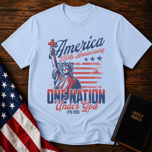 Patriotic Christian t shirts featuring the Statue of Liberty holding a cross with the American flag.