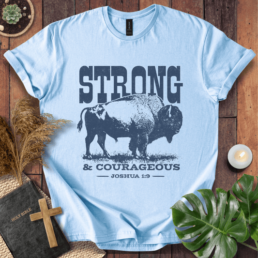 Christian t shirts featuring a vintage bison graphic and the Joshua 1:9 scripture "Strong and Courageous."