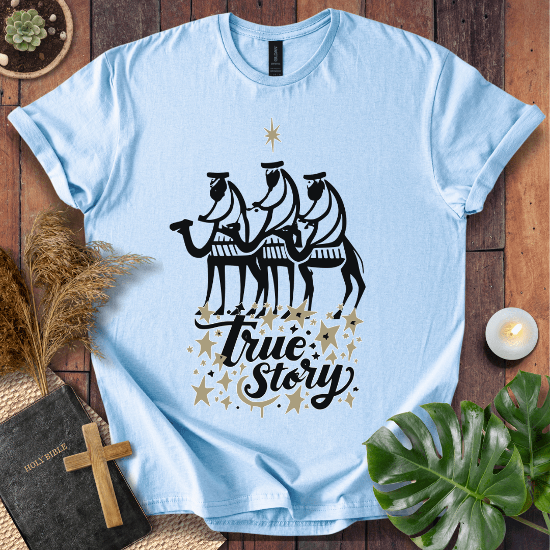 Religious Christmas tee featuring nativity scene and faith message