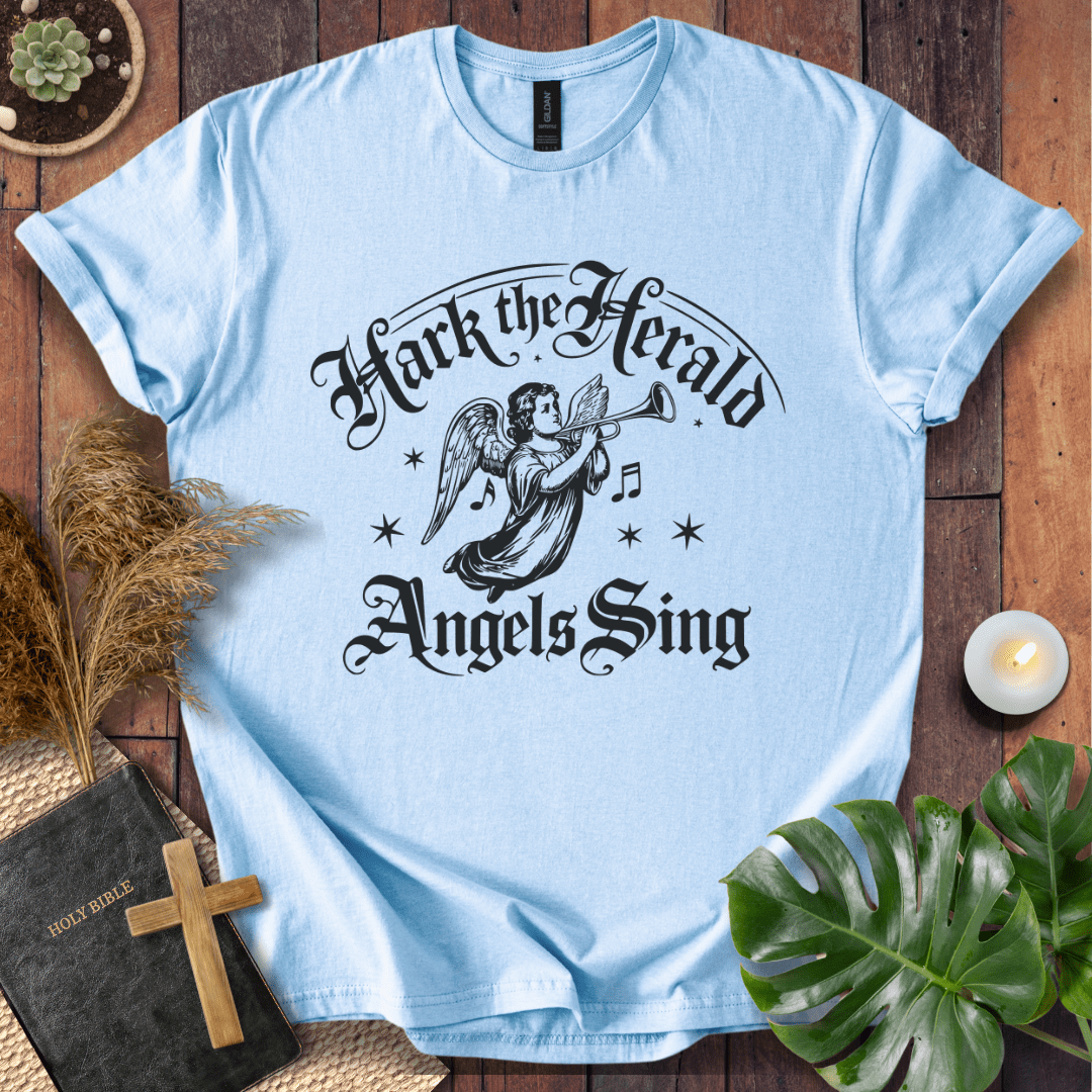 Inspirational Christian t-shirt with angel and music notes – Hark the Herald design